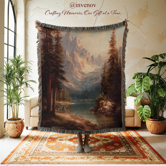 Decorative tapestry of a mountain landscape in a room with plants and furniture.