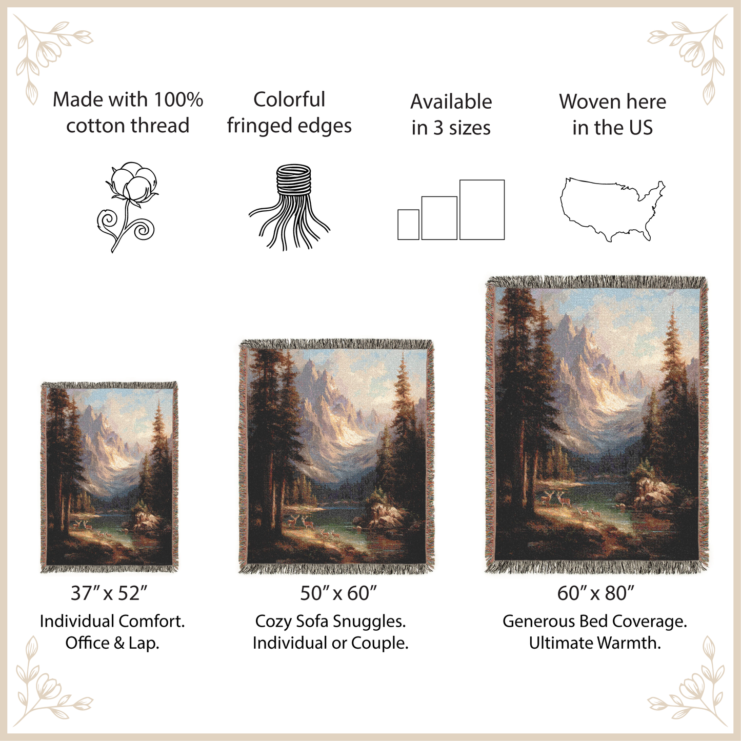 Woven landscape tapestries with size options and features listed.