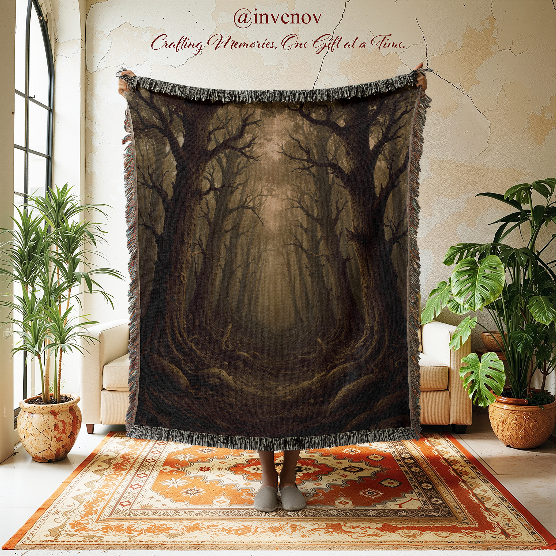 Woven blanket with forest design displayed in a room with plants and furniture.