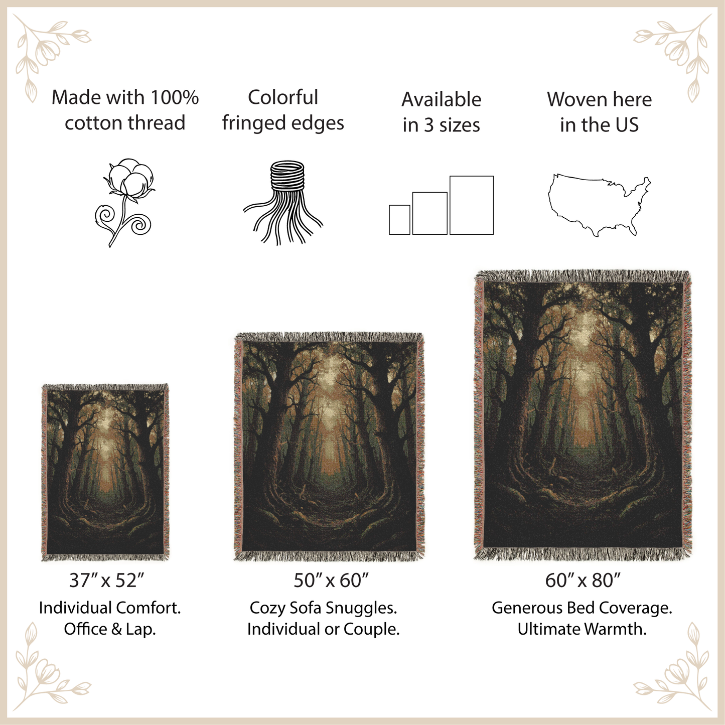 Forest-themed woven blanket with size options and features listed on a beige background.