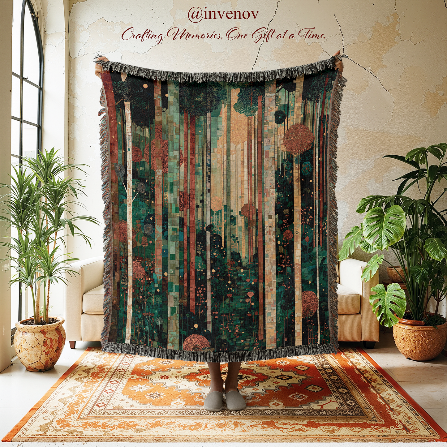 Decorative tapestry with forest design in a room with plants and furniture.