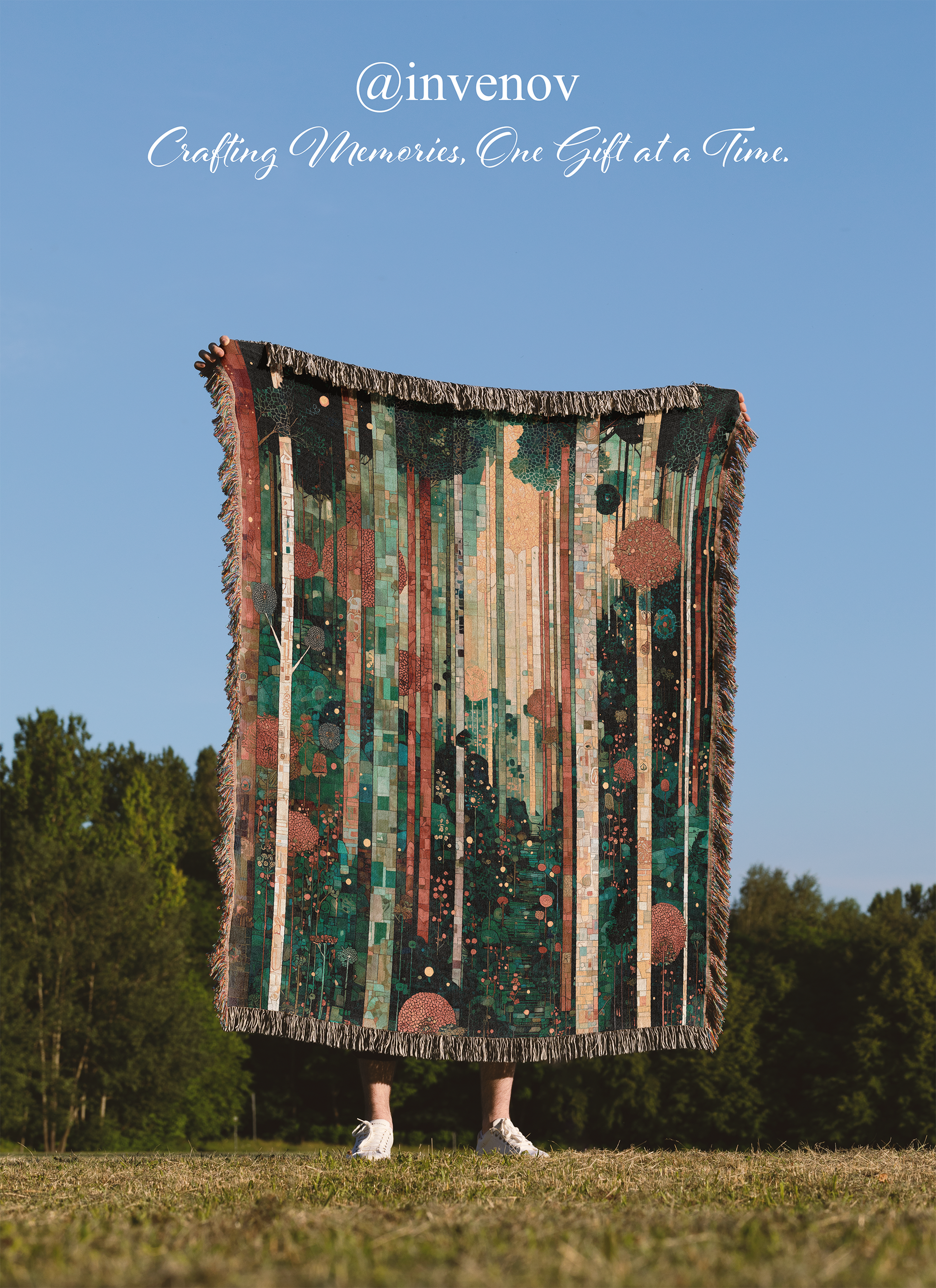 Person holding a patterned blanket outdoors
