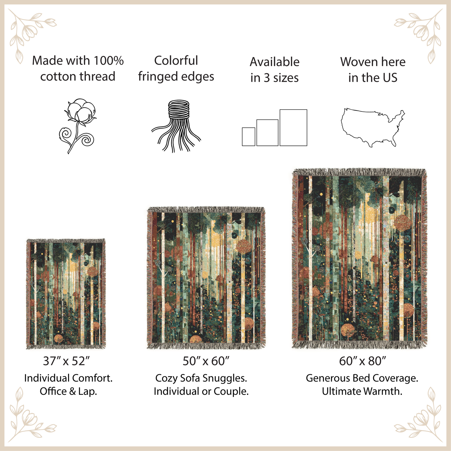 Three sizes of woven blankets with specifications on a beige background