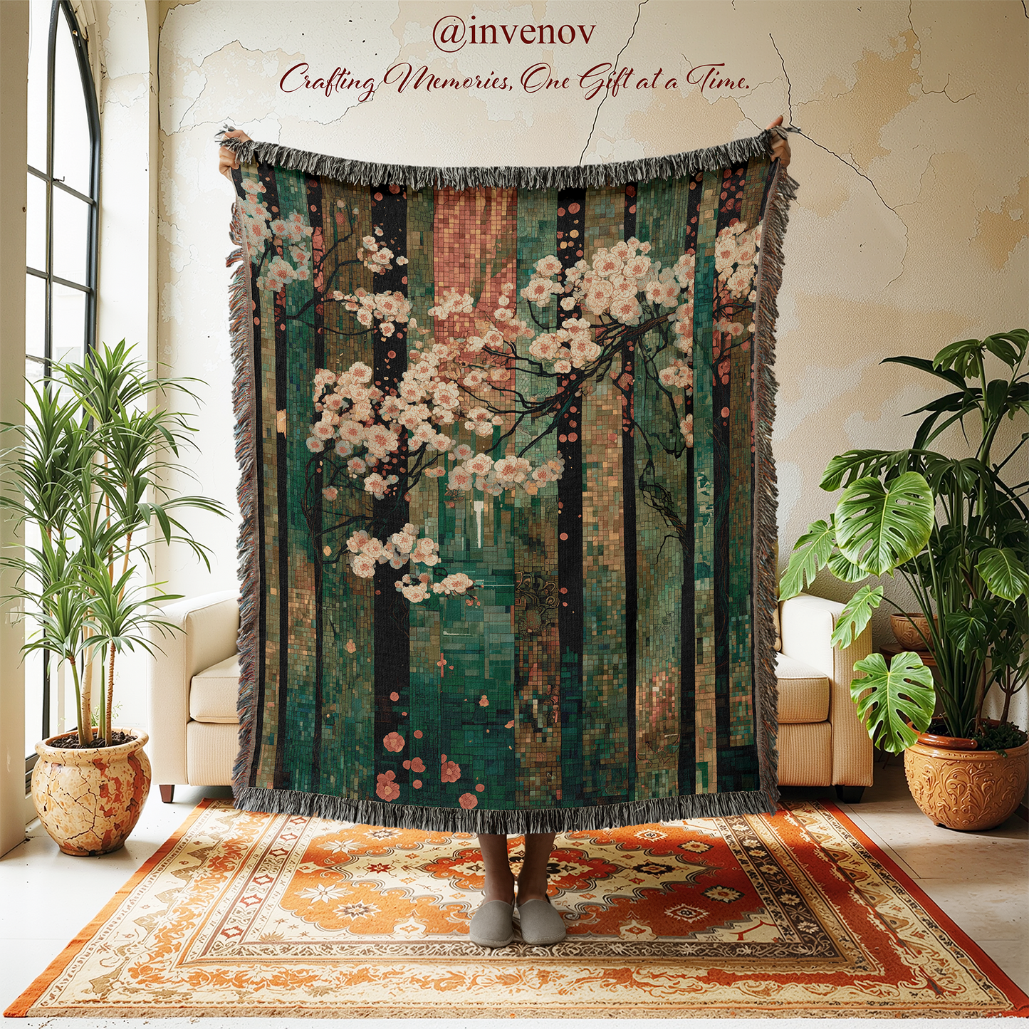 Decorative tapestry with floral design in a room with plants and furniture.