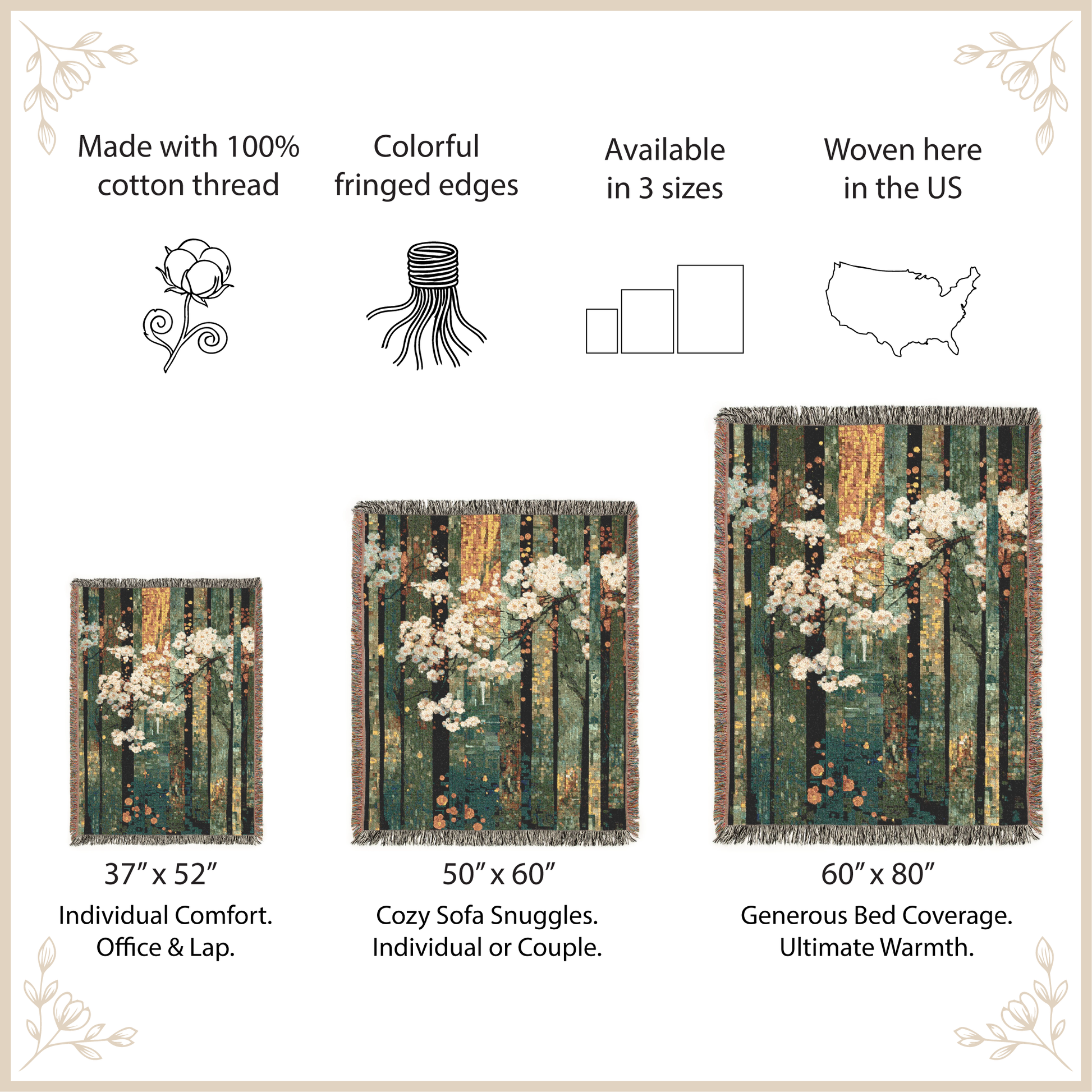 Product description of woven blankets with size options and features.