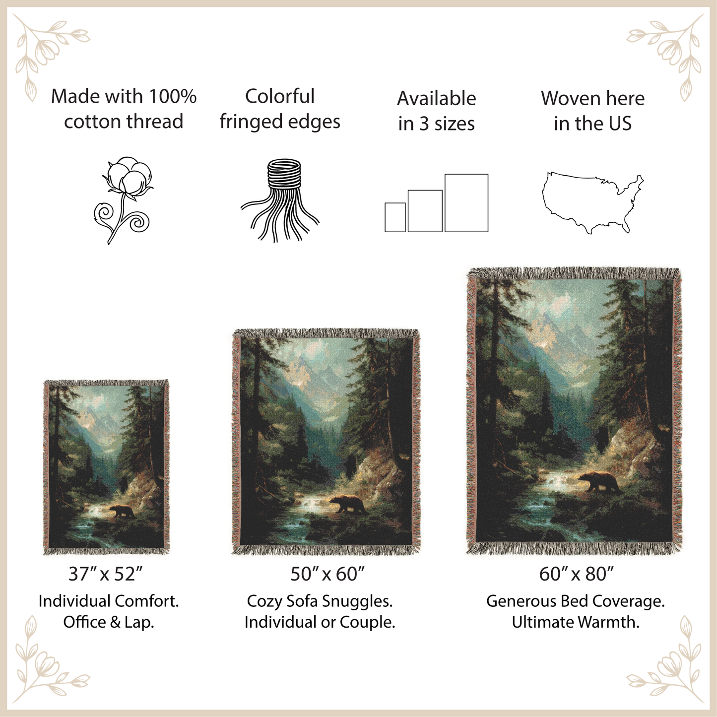 Forest-themed woven blanket with size options and features listed.