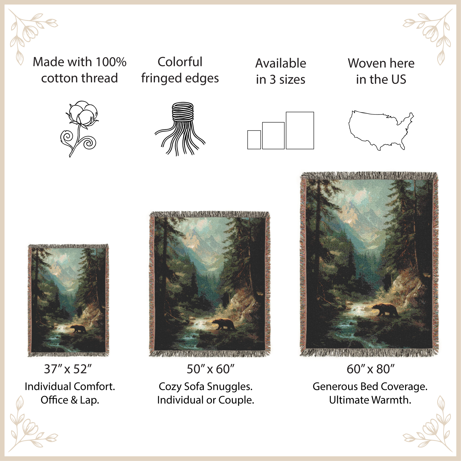 Forest-themed woven blanket with size options and features listed.