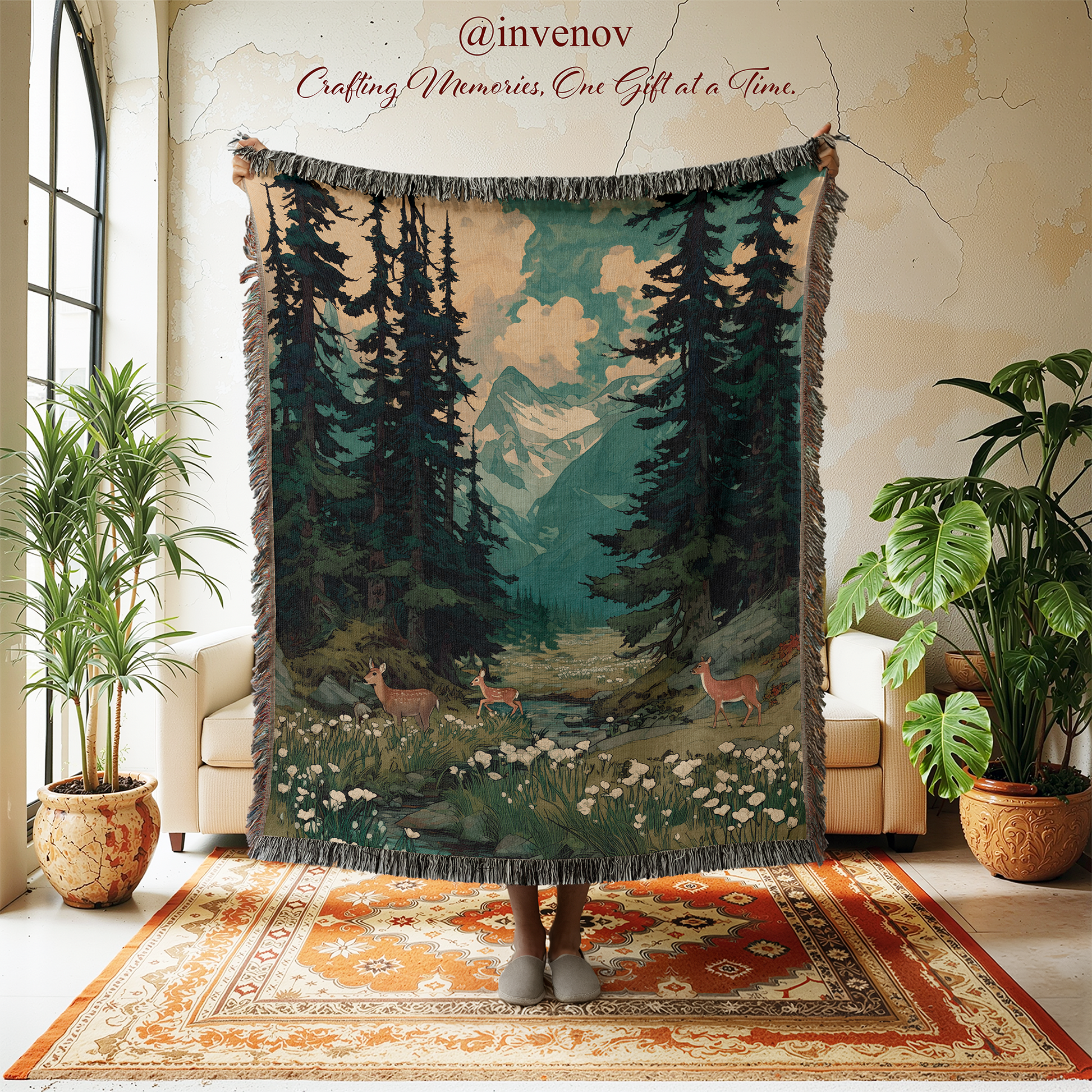 Woven blanket with forest and mountain design in a room with plants and furniture.