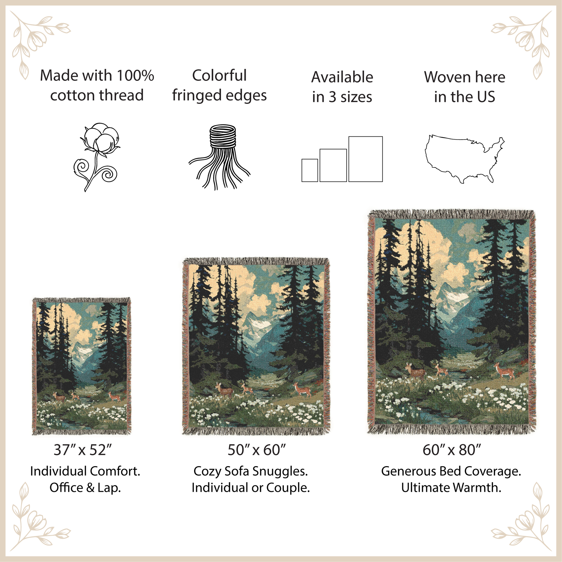 Forest-themed woven blanket with size options and features listed.