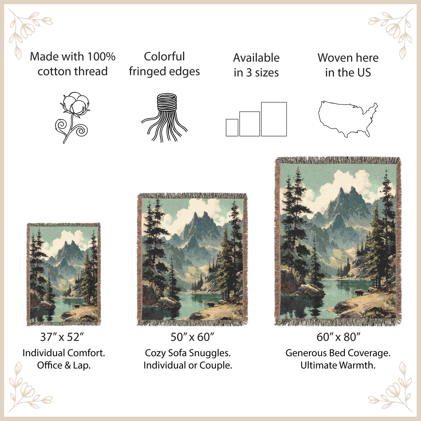 Product description of mountain-themed tapestries with size options and features.