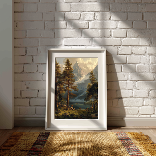 Framed landscape painting of a forest and mountains on a brick wall.