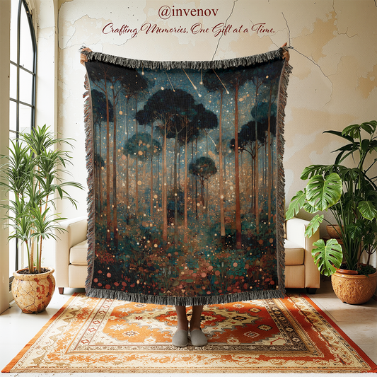 Decorative forest-themed tapestry in a room with plants and furniture.