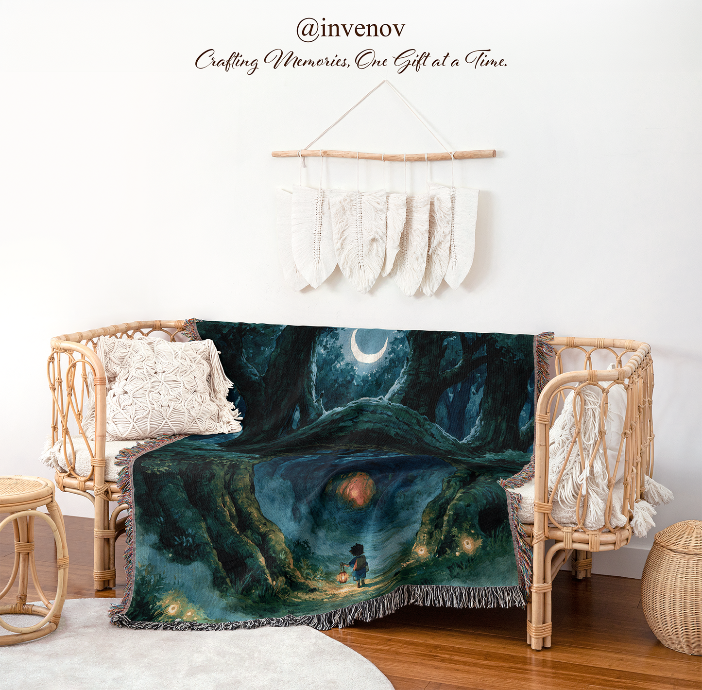 woven blanket with forest designs