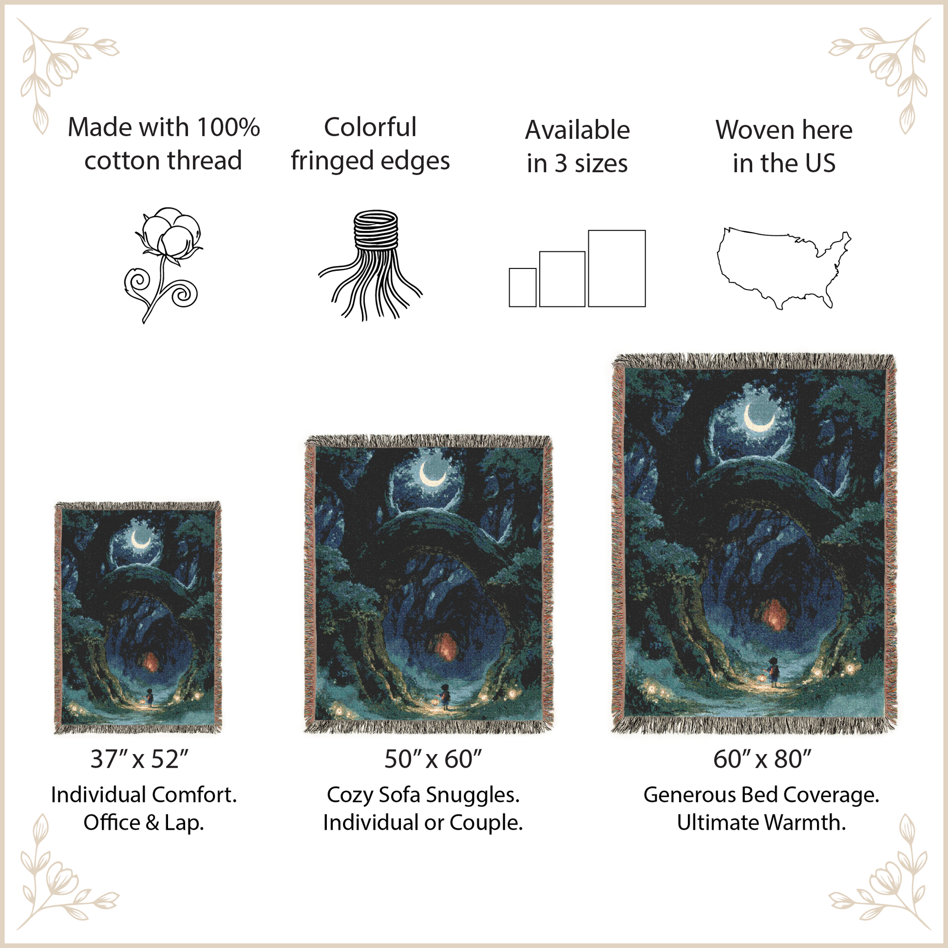 woven blanket with forest designs with size options and features