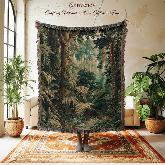 A large woven tapestry featuring a detailed forest scene with trees and ferns, held up in a room with plants, chairs, and a patterned rug. The tapestry has dark gray fringe along the top and bottom edges.