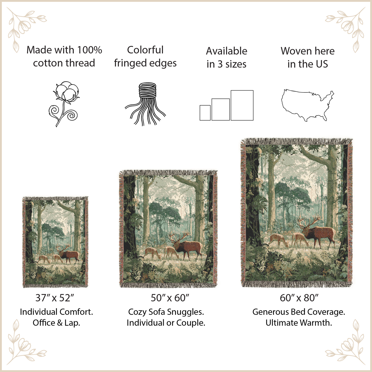 A product information graphic for a woven forest-themed area rug. The image shows three rug size options with dimensions labeled: 37" x 52", 50" x 60", and 60" x 80".