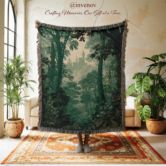 A large woven tapestry featuring a dark forest scene with tall trees and a castle in the distance, held up in a room with plants, chairs, and a patterned rug. The tapestry has dark gray fringe along the top and bottom edges.