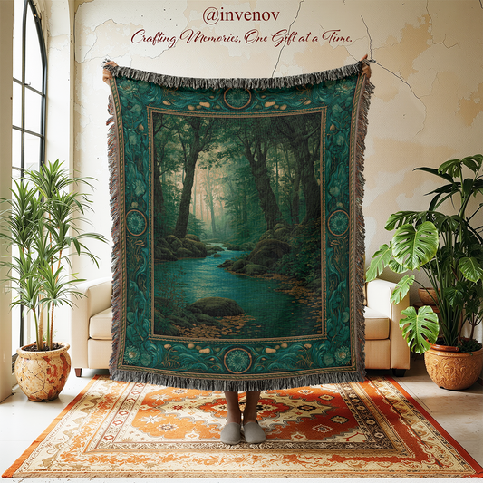 A large woven tapestry featuring a forest river scene in teal, green, and brown tones, held up in a styled room with plants, chairs, and a rug. The tapestry has fringe around the edges and decorative border motifs.