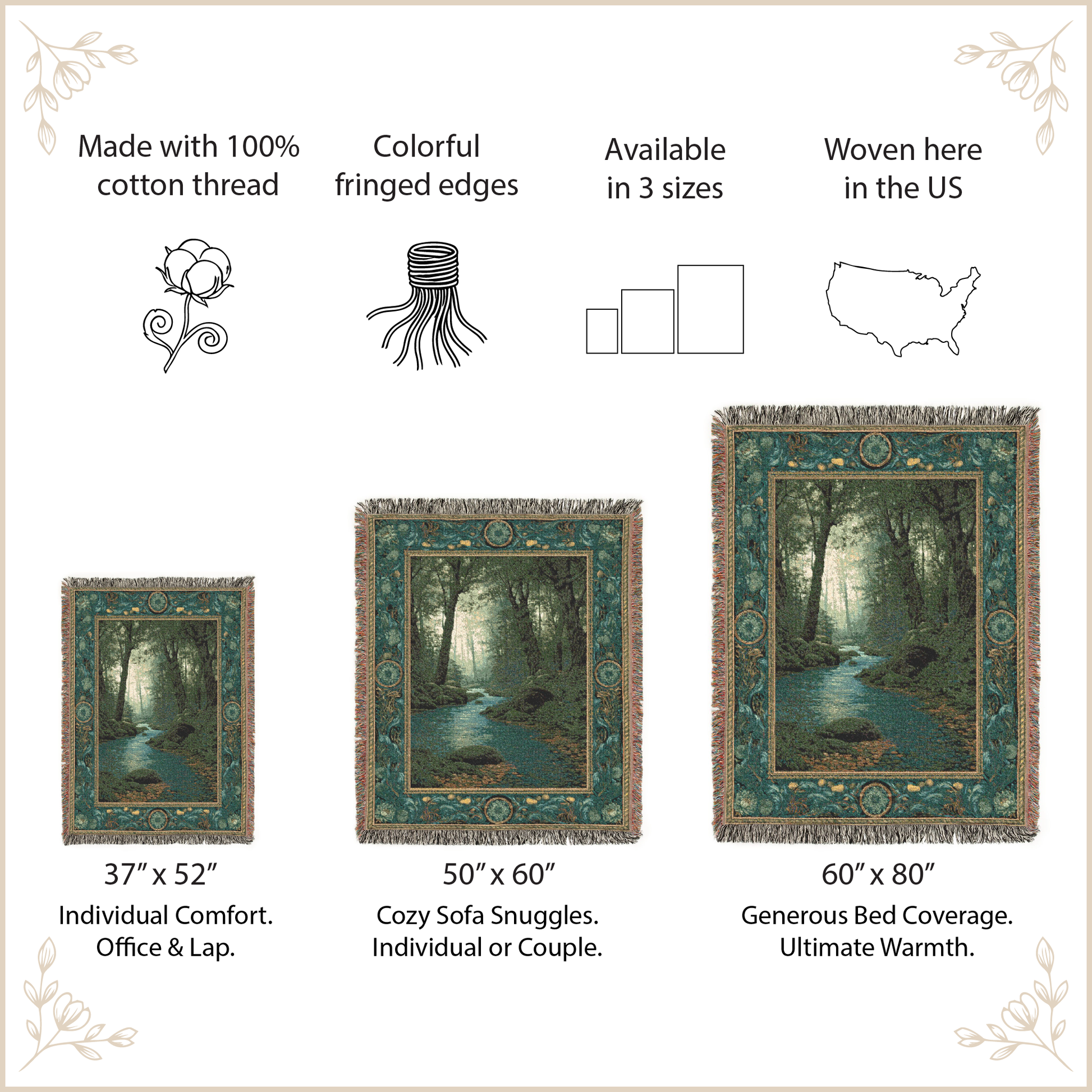 Forest-themed tapestry with size options and features listed on a decorative background.