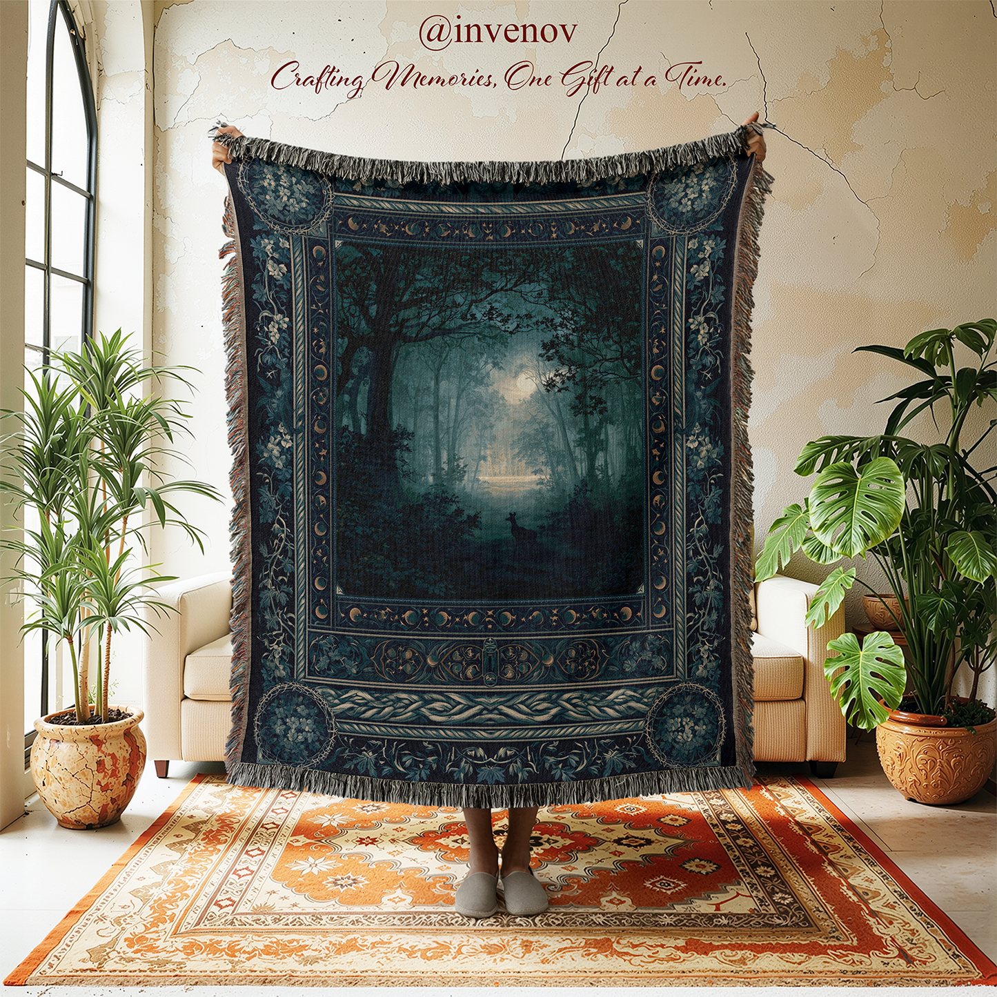 A large woven tapestry with a dark forest scene and fringe edges is held up in a room. The tapestry features a moody night forest with a glowing moonlit lake, surrounded by a detailed border.