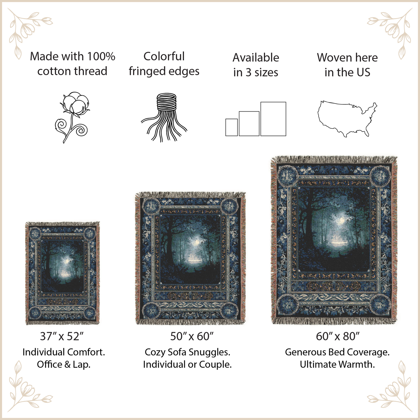 A product information graphic for a decorative woven blanket. The image shows three rug sizes with dimensions labeled: 37" x 52", 50" x 60", and 60" x 80".