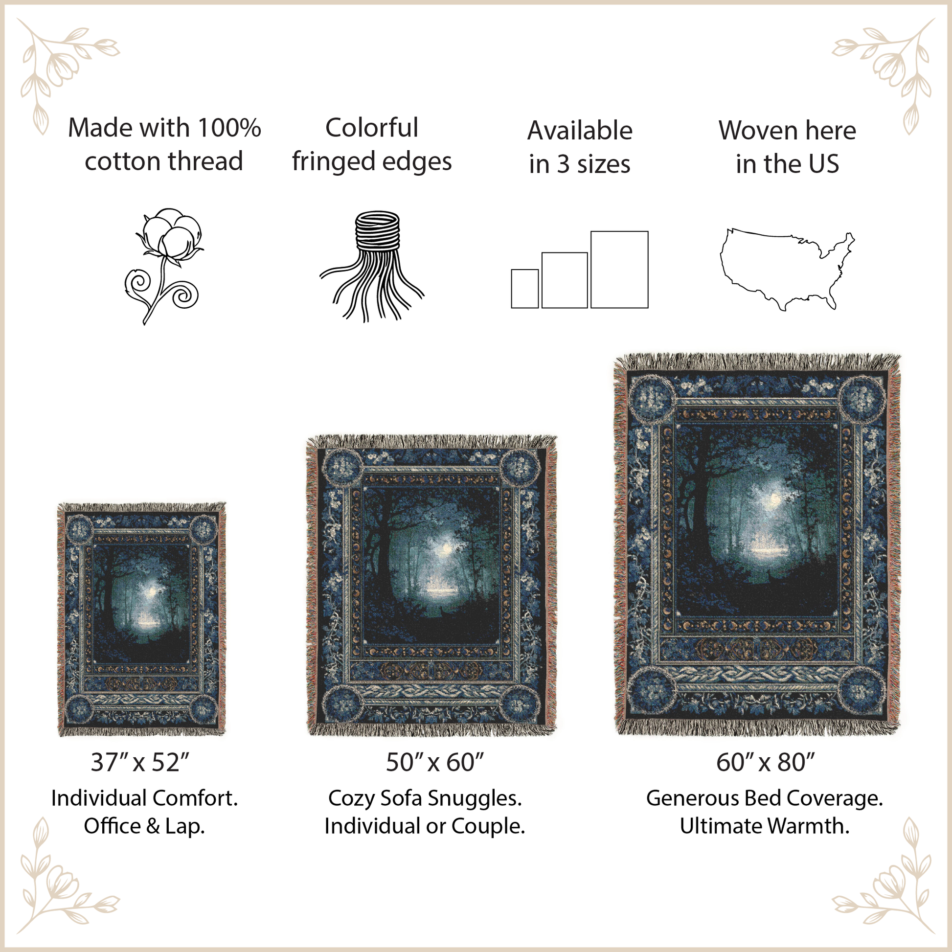 A product information graphic for a decorative woven blanket. The image shows three rug sizes with dimensions labeled: 37" x 52", 50" x 60", and 60" x 80".