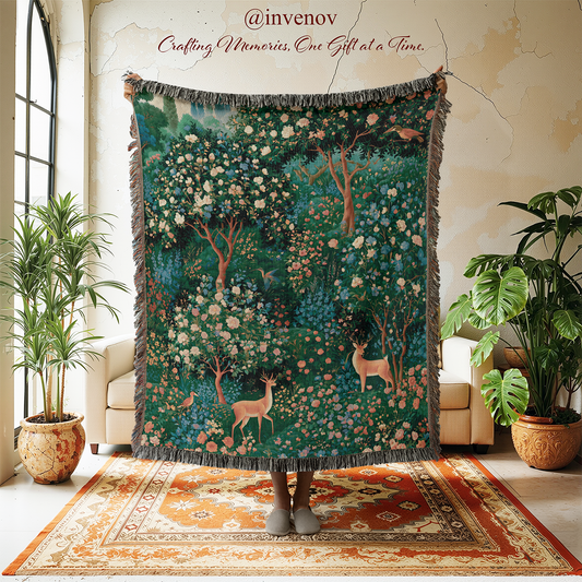 A person holds up a large fringed throw blanket in a styled room with plants, a rug, and cream-colored sofas. The blanket features a detailed forest scene with trees, deer, birds, and flowers in teal, green, brown, and cream tones.