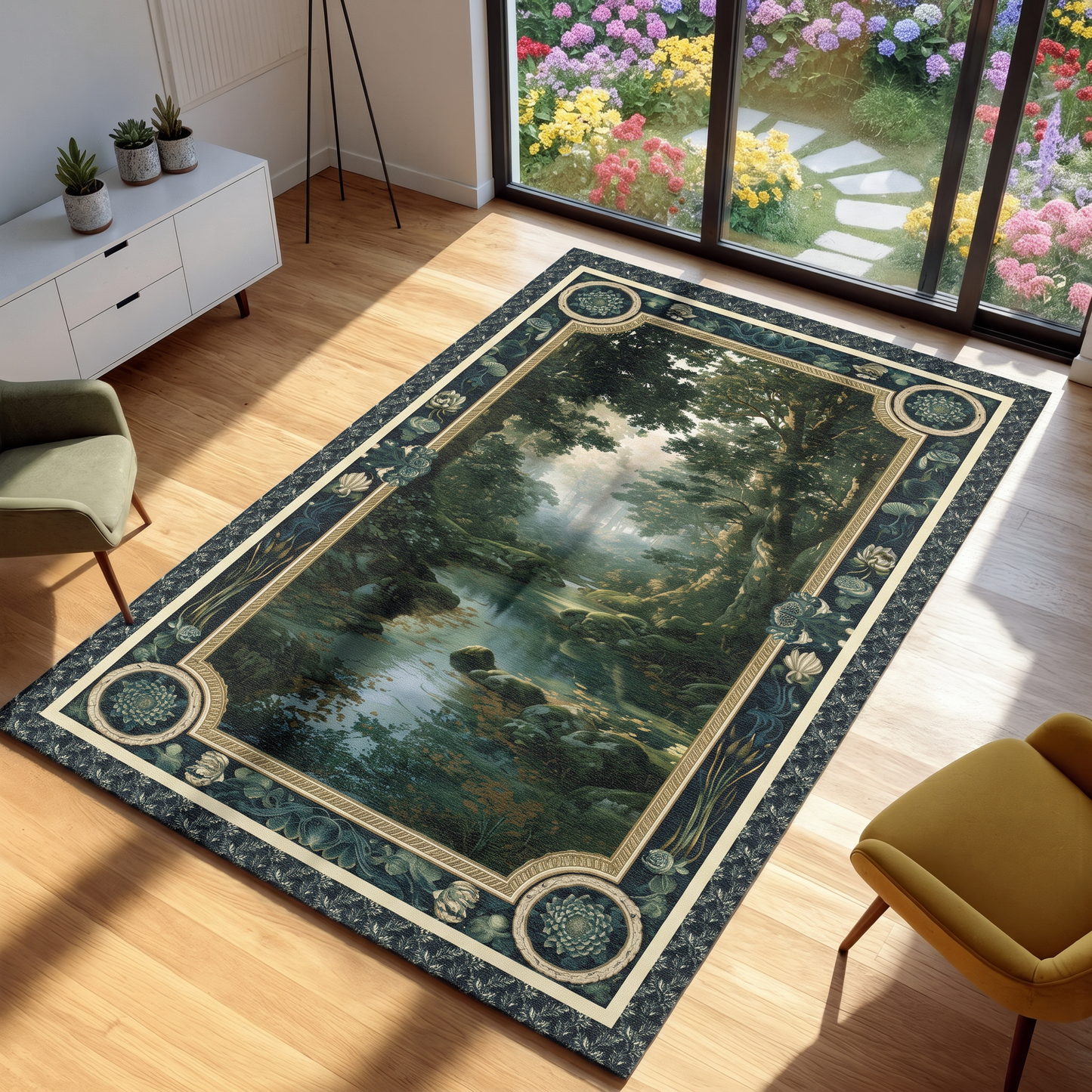 A rectangular area rug with a detailed forest landscape print and ornate border, shown on a light wood floor in a modern living room setting.