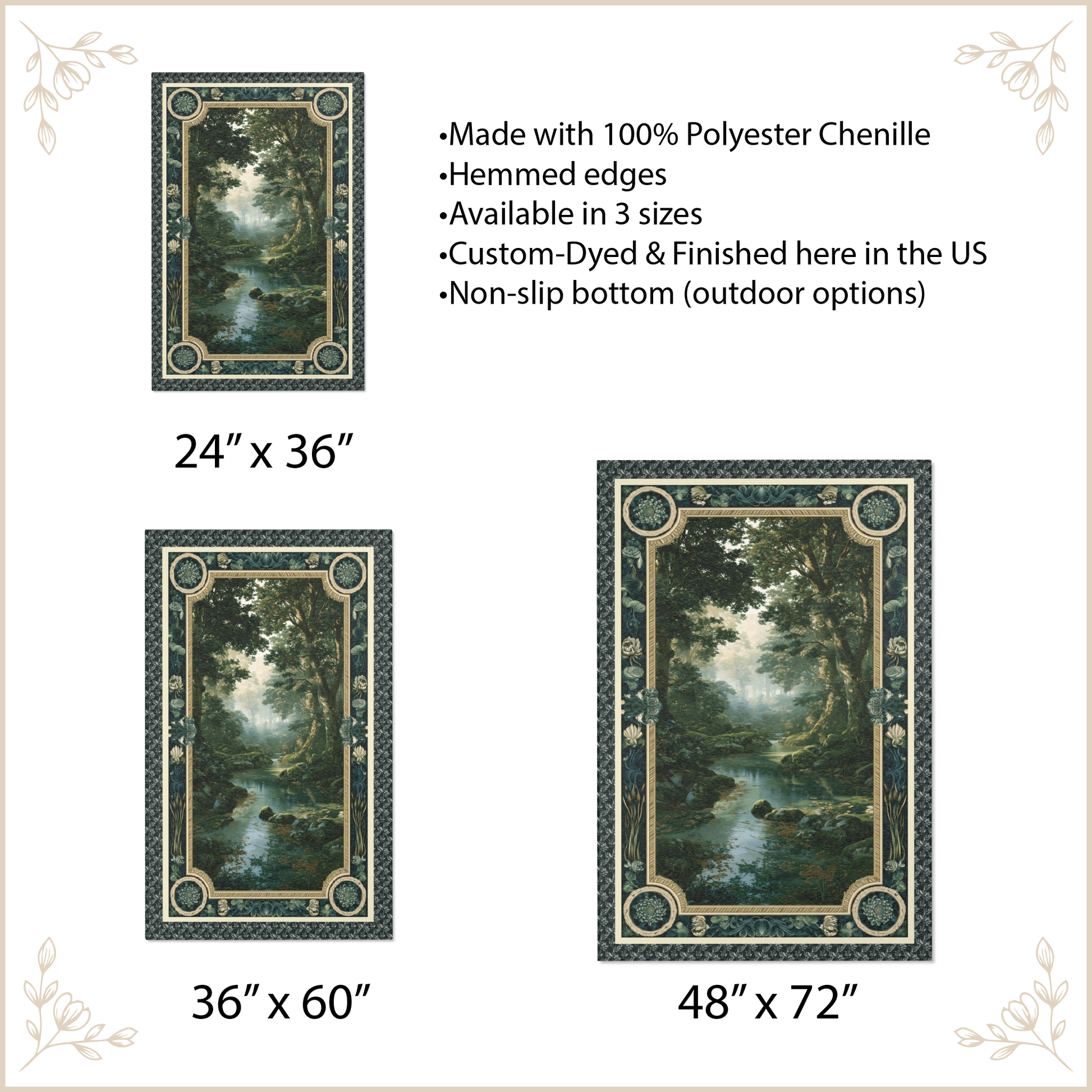 Decorative area rug with forest design, shown in different sizes with product details.