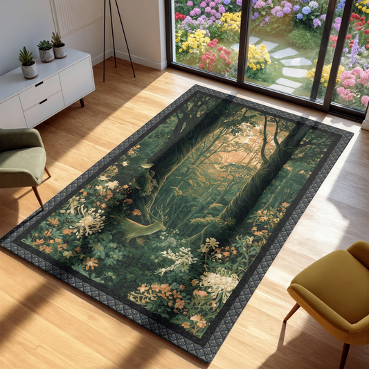 A rectangular area rug with a detailed forest floor design featuring deer, flowers, and trees, styled in a modern living room with wooden floors and large windows.