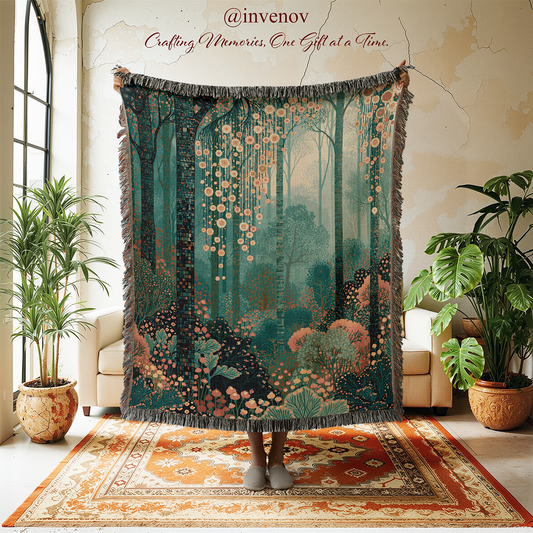 A large woven tapestry featuring a forest scene in teal, green, brown, and pink tones with dark gray fringe, held up by a person standing on a patterned rug in a styled room with plants and cream chairs.
