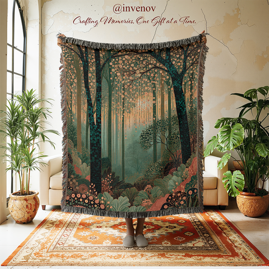 A large woven tapestry featuring a forest scene with tall dark trees, warm golden light filtering through the woods, and a deer near flowers, held up in a living room setting. The tapestry has gray fringe on the top and bottom.
