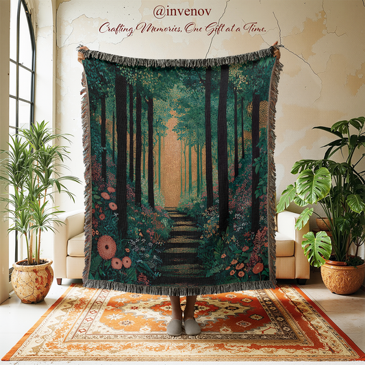 A large woven tapestry with fringe is held up in a styled room. The tapestry features a forest path design with dark green trees, a golden glowing path, and pink floral accents.