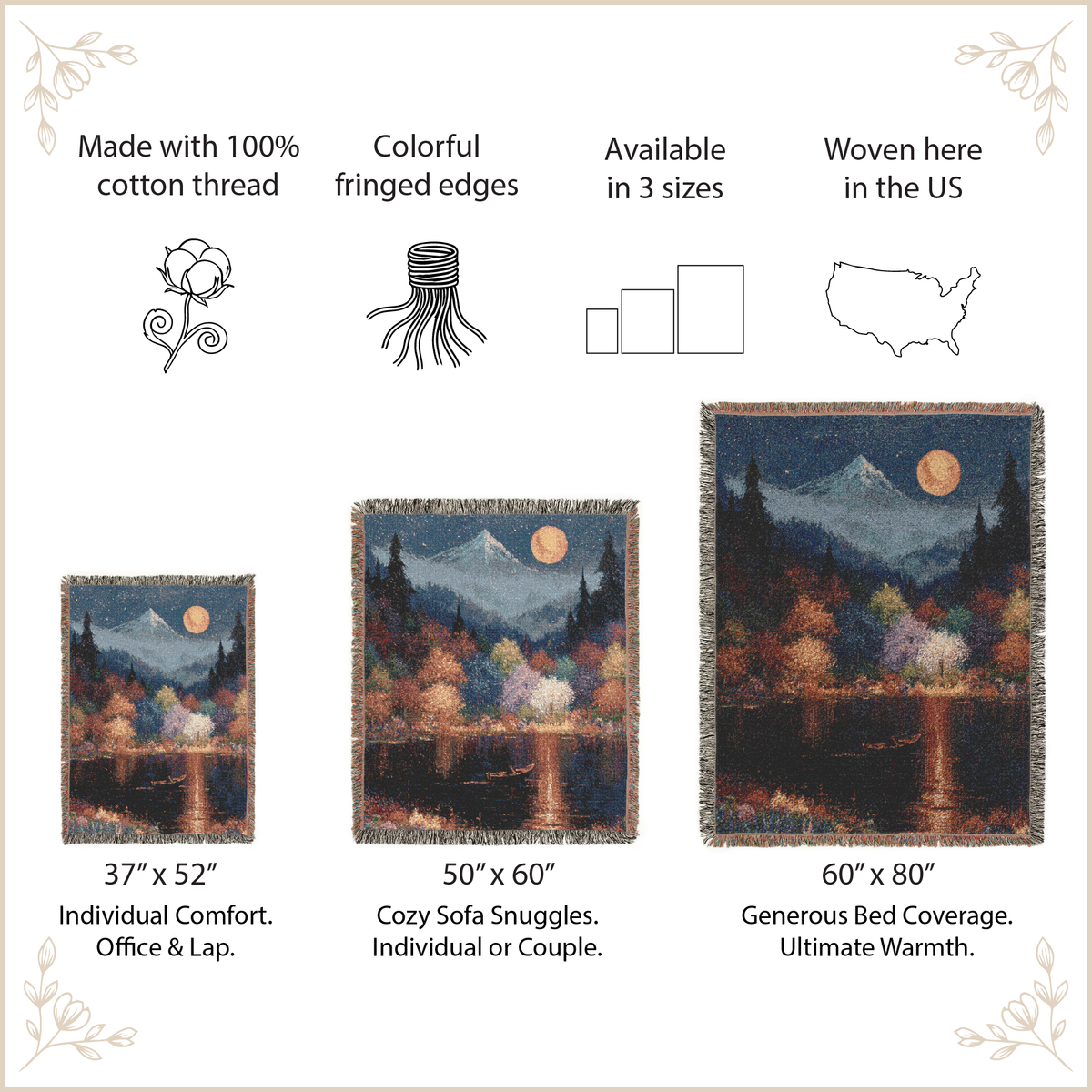 Woven blanket withe size options and features