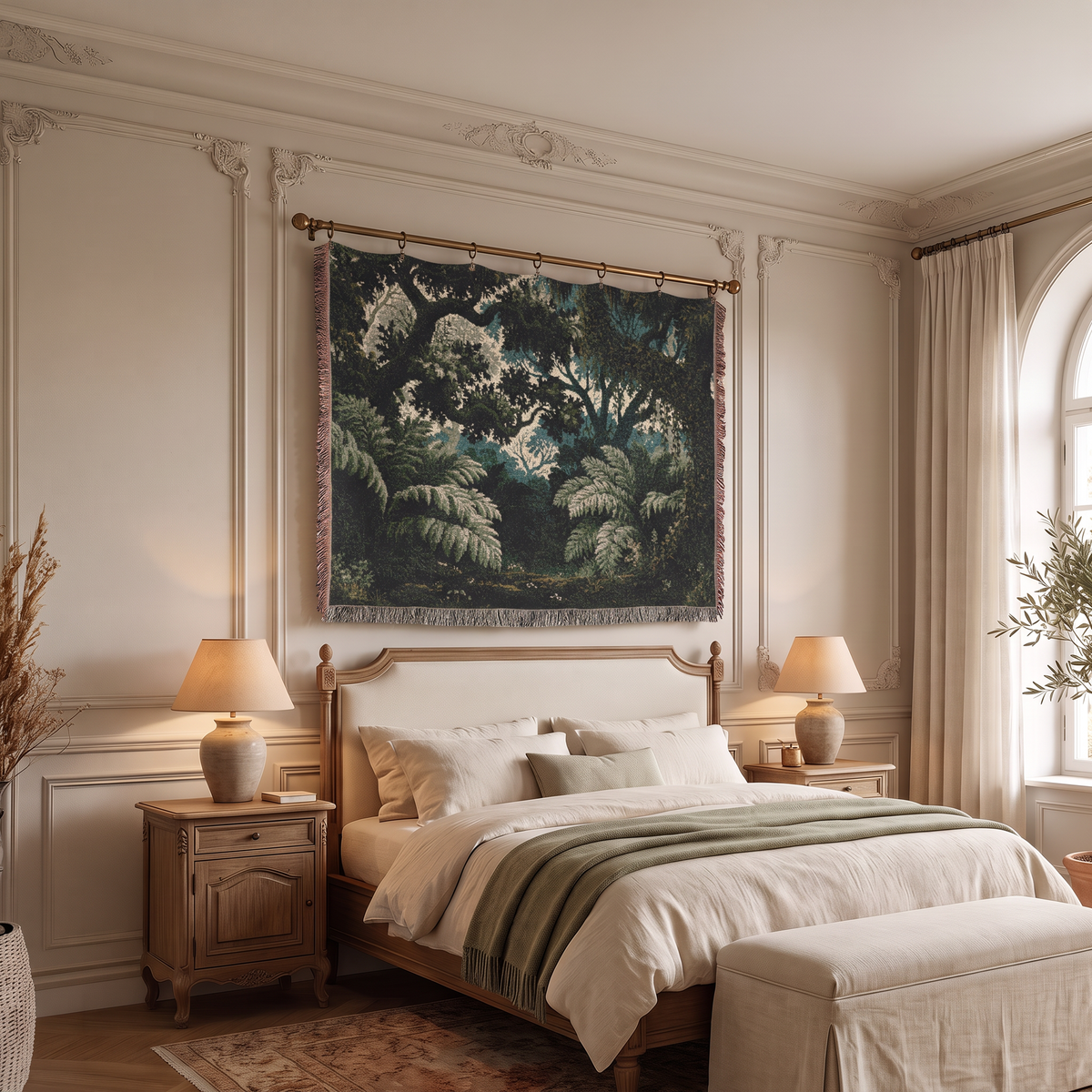 A large woven tapestry featuring a dark green and black tropical jungle scene with palm trees, hung above a wooden bed in a beautifully decorated bedroom with cream walls, bedside tables, lamps, and a window.