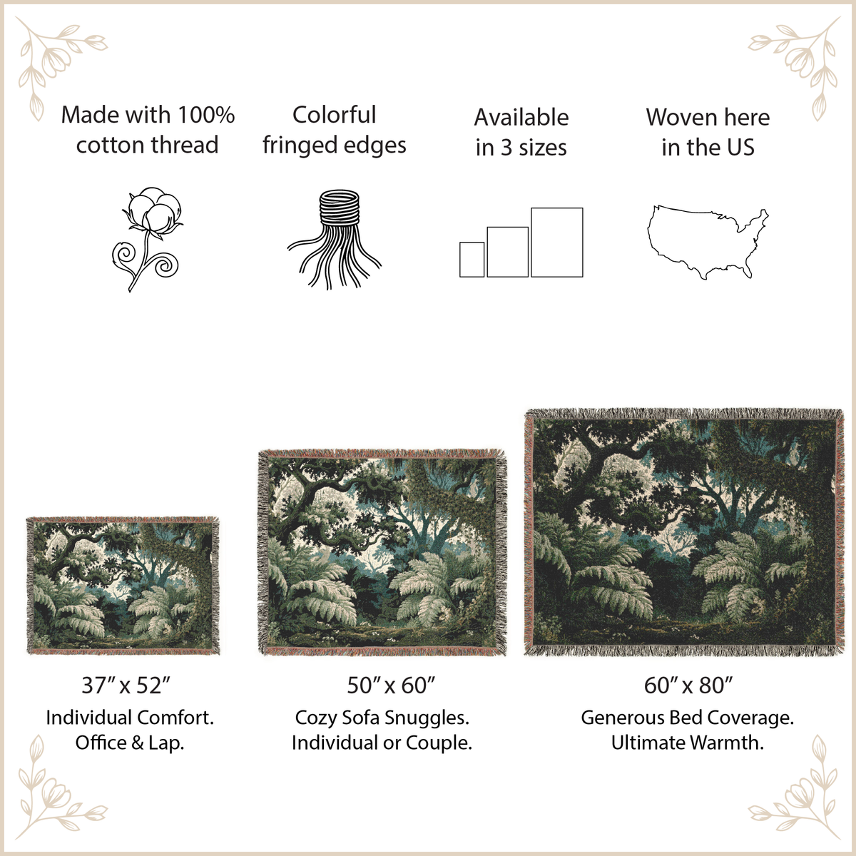 A product information graphic for a woven tapestry featuring a forest scene with white flowers and green foliage. The graphic includes text stating 'Made with 100% cotton thread,' 'Colorful fringed edges,' 'Available in 3 sizes,' and 'Woven here in the US,' along with three size options labeled 37" x 52" (Individual Comfort), 50" x 60" (Cozy Sofa Snuggles), and 60" x 80" (Generous Bed Coverage).