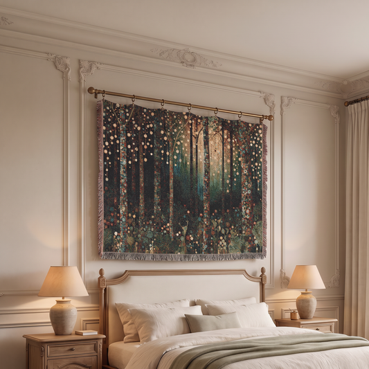 A large wall tapestry featuring a forest scene with glowing lights, hung above a bed in a beautifully decorated bedroom with cream walls, wooden nightstands, and lit table lamps.