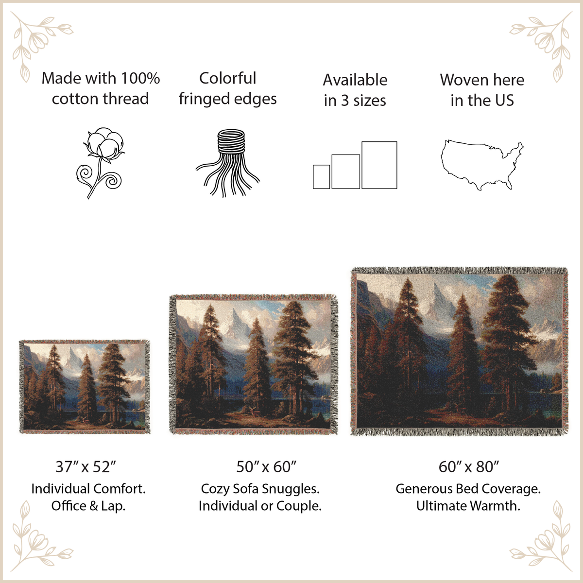 A product information graphic for a woven landscape tapestry. The image features three different sizes of the tapestry (37" x 52", 50" x 60", and 60" x 80") with detailed descriptions and icons highlighting key features: made with 100% cotton thread, colorful fringed edges, available in 3 sizes, and woven in the US.