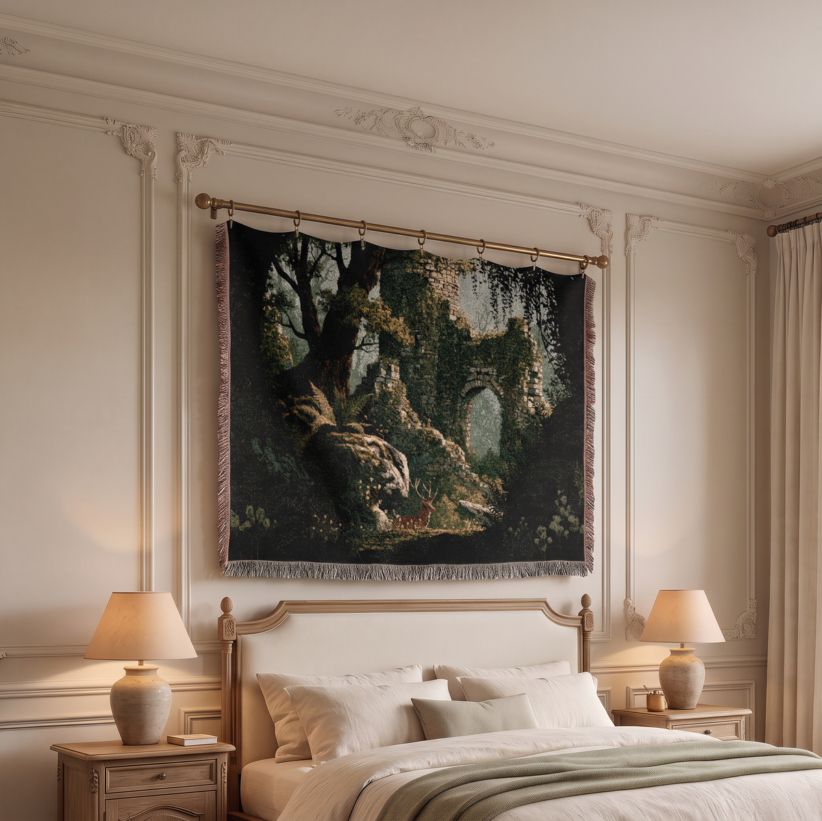 A large woven tapestry featuring a dark forest scene with ruins and trees, hung on a gold rod above a bed in a classic, elegant bedroom.