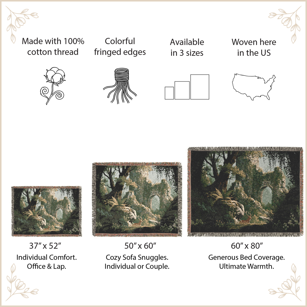 A product information graphic for a forest-themed woven tapestry, showing three size options: 37" x 52", 50" x 60", and 60" x 80". The graphic includes text highlighting that the tapestry is made with 100% cotton thread, has colorful fringed edges, is available in three sizes, and is woven in the US.