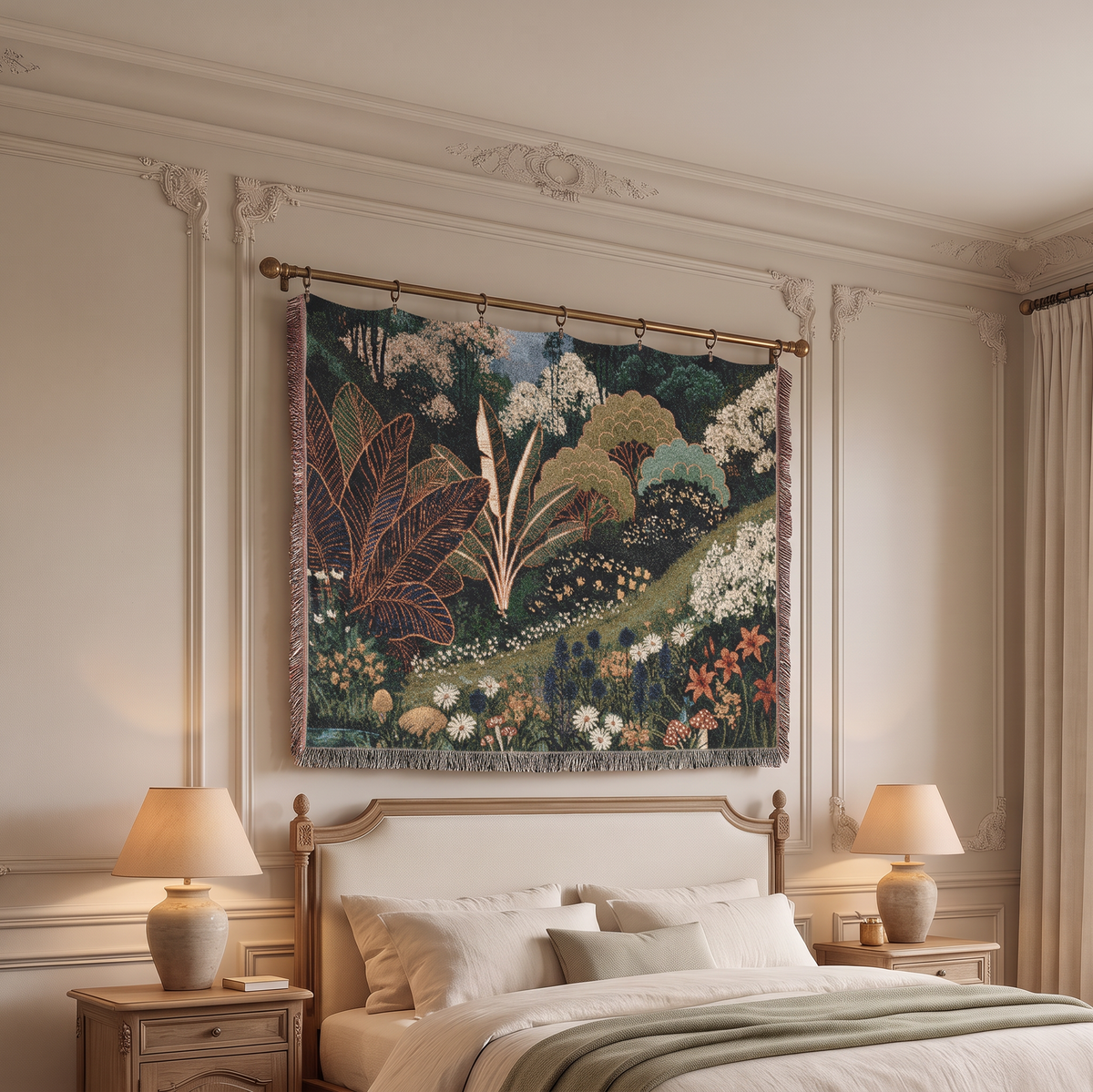 A large woven tapestry featuring a lush garden landscape hangs on a gold rod above a bed in a beautifully styled bedroom with cream walls, two lit table lamps, and a wooden headboard.