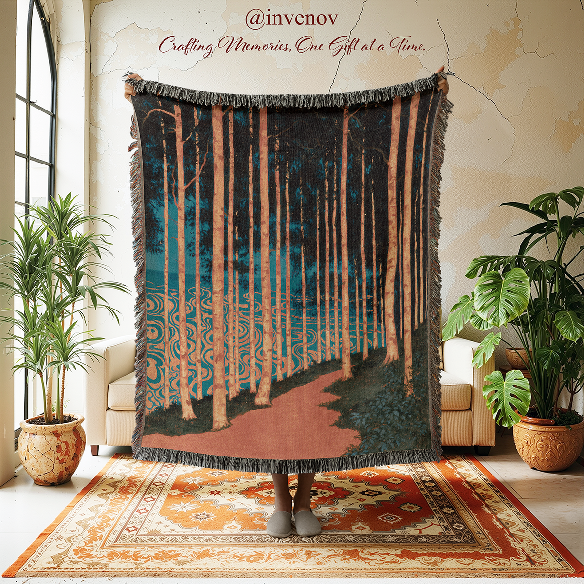 Woven blanket with forest designs