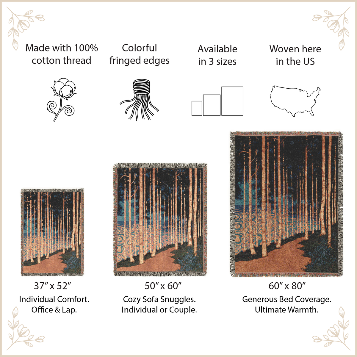 Woven blanket with forest designs with size option and features
