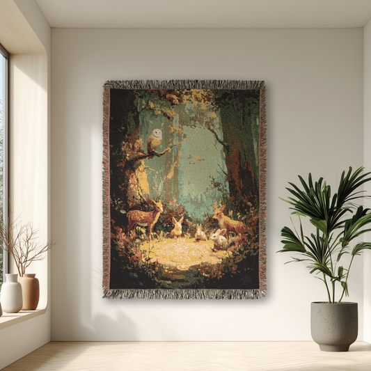 Woodland Storybook Woven Blanket, Forest Wildlife Throw, Nature Lover Home Decor, Artisanal Tapestry, Rustic Living Room Accent
