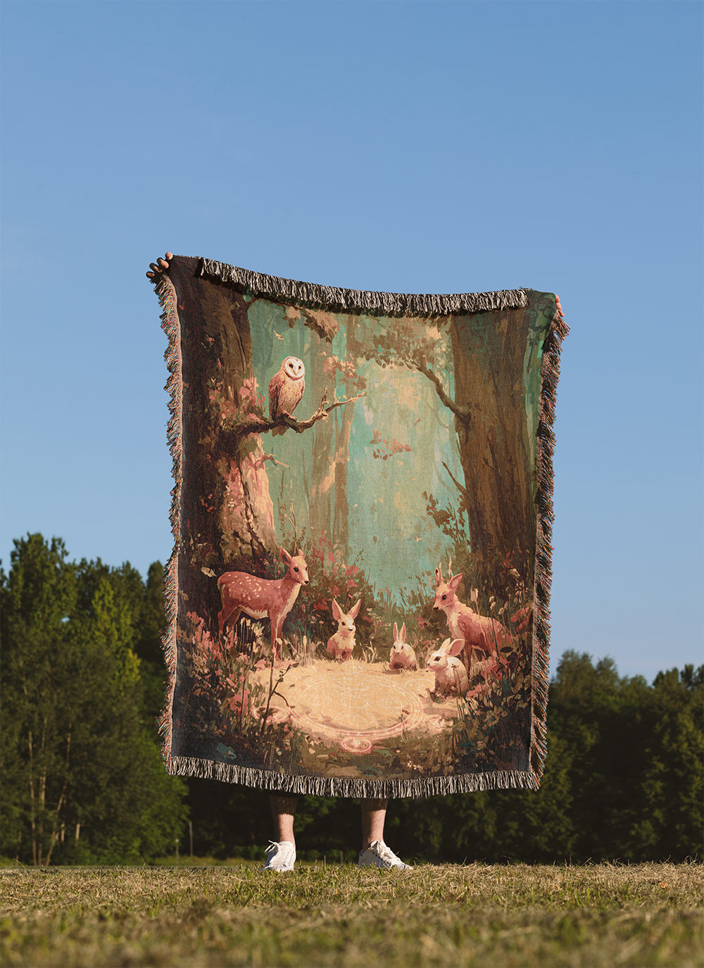 Woodland Storybook Woven Blanket, Forest Wildlife Throw, Nature Lover Home Decor, Artisanal Tapestry, Rustic Living Room Accent