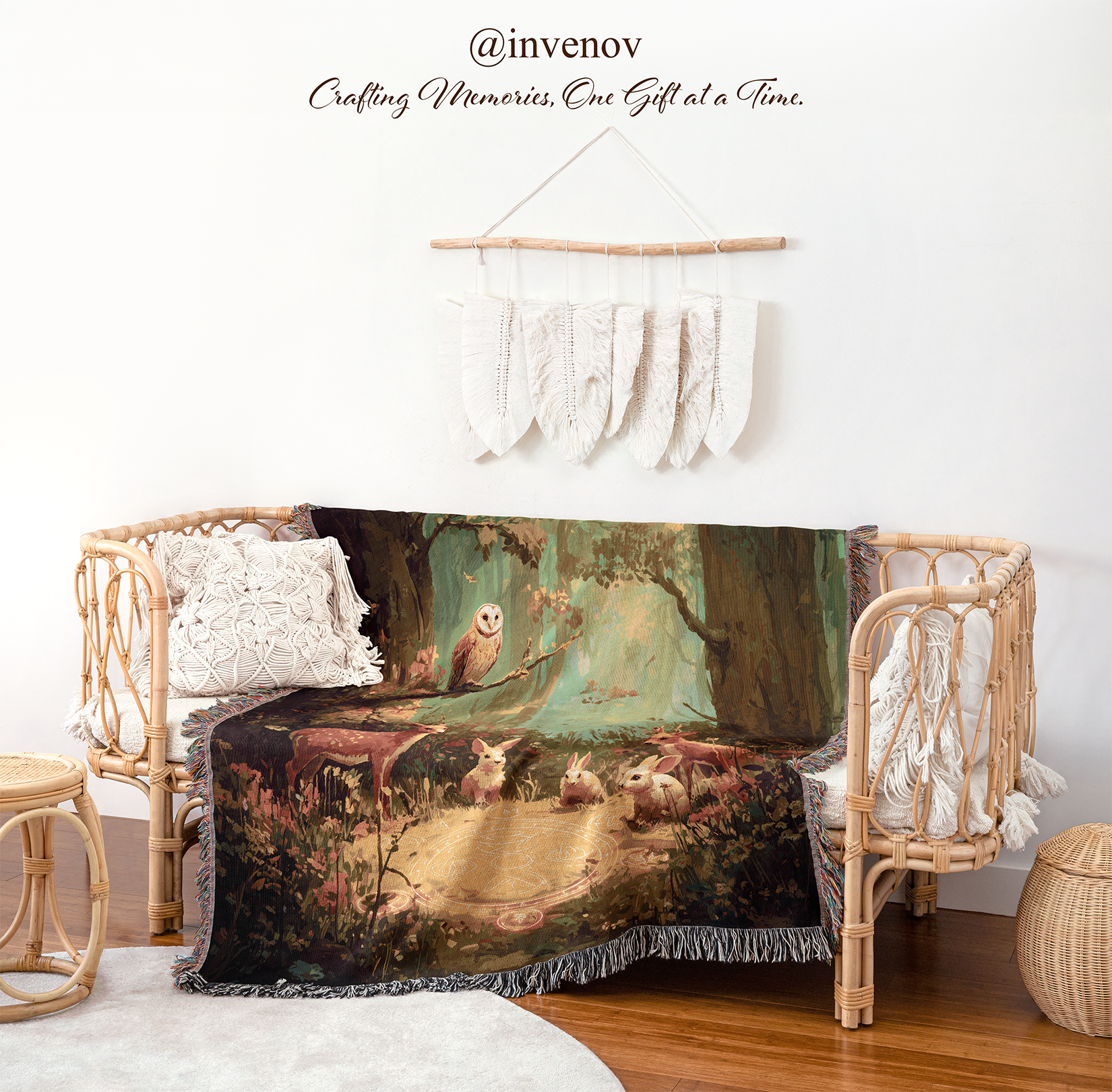 Blanket with nature scene draped over a chair