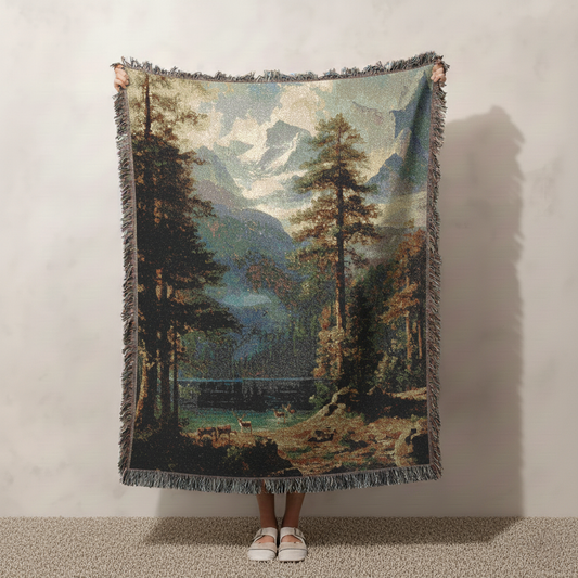 Mountain Wilderness Woven Blanket, Albert Bierstadt Inspired Decor, Forest Art Tapestry, Nature Landscape Throw Blanket, Rustic Cabin Decor