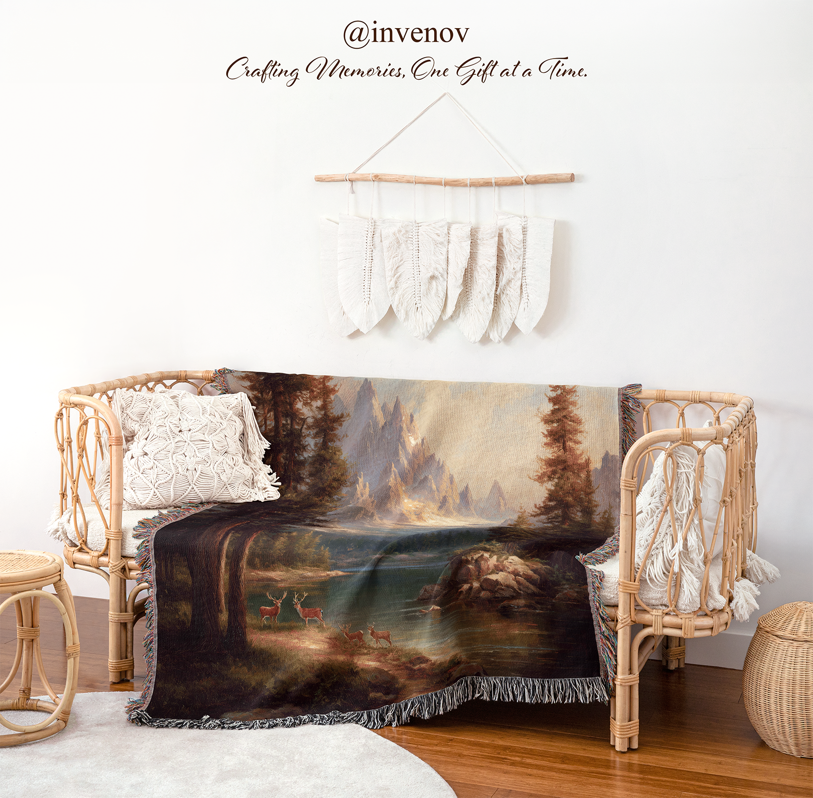 Decorative tapestry of a mountain landscape in a room