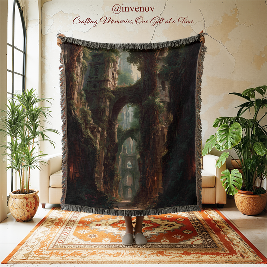 Woven blanket with a scenic design displayed in a room with plants and furniture.