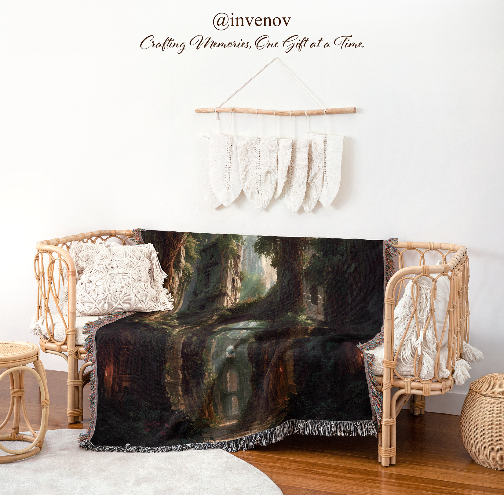 Blanket with nature scene draped over a chair in a room with wicker furniture and decorative elements.